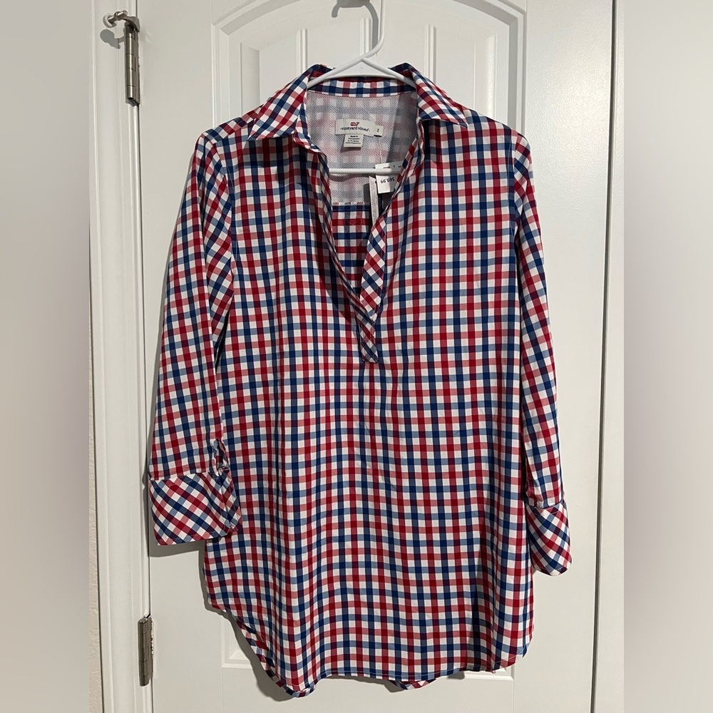 Vineyard Vines Women’s Long Sleeve Gingham Tunic Shirt Red White Blue Plaid - Picture 7 of 8